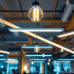 A photograph of a well-lit commercial space showcasing an 8 ft fluorescent lighting installation