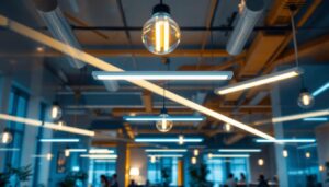 A photograph of a well-lit commercial space showcasing an 8 ft fluorescent lighting installation