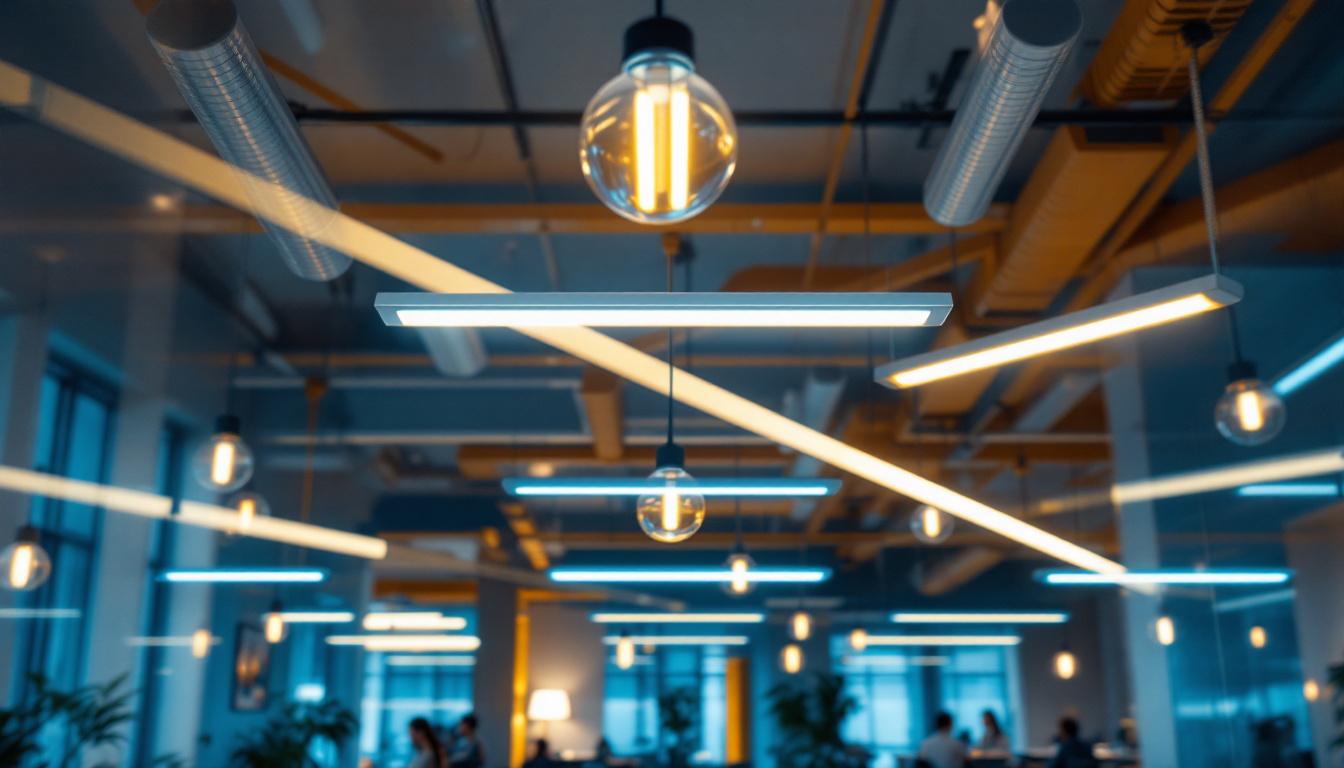 A photograph of a well-lit commercial space showcasing an 8 ft fluorescent lighting installation