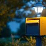 A photograph of a well-lit light pole mailbox in an outdoor setting