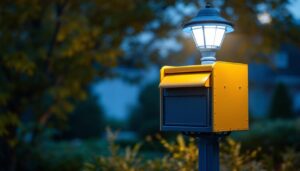 A photograph of a well-lit light pole mailbox in an outdoor setting
