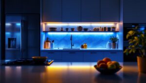 A photograph of a beautifully designed kitchen showcasing undercounter lighting that highlights the countertops and enhances the overall ambiance