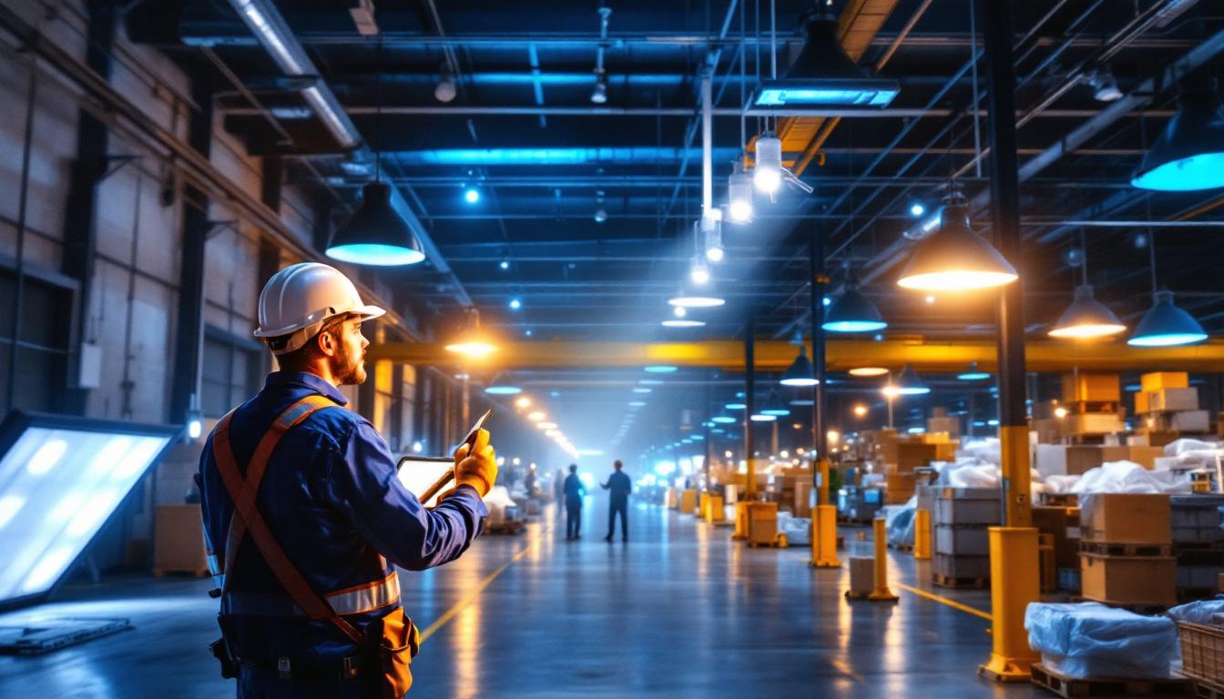 A photograph of a well-lit industrial warehouse showcasing various types of lighting fixtures in use