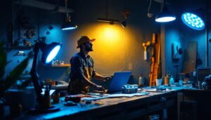 A photograph of a well-lit workspace featuring various led plug-in shop lights in use