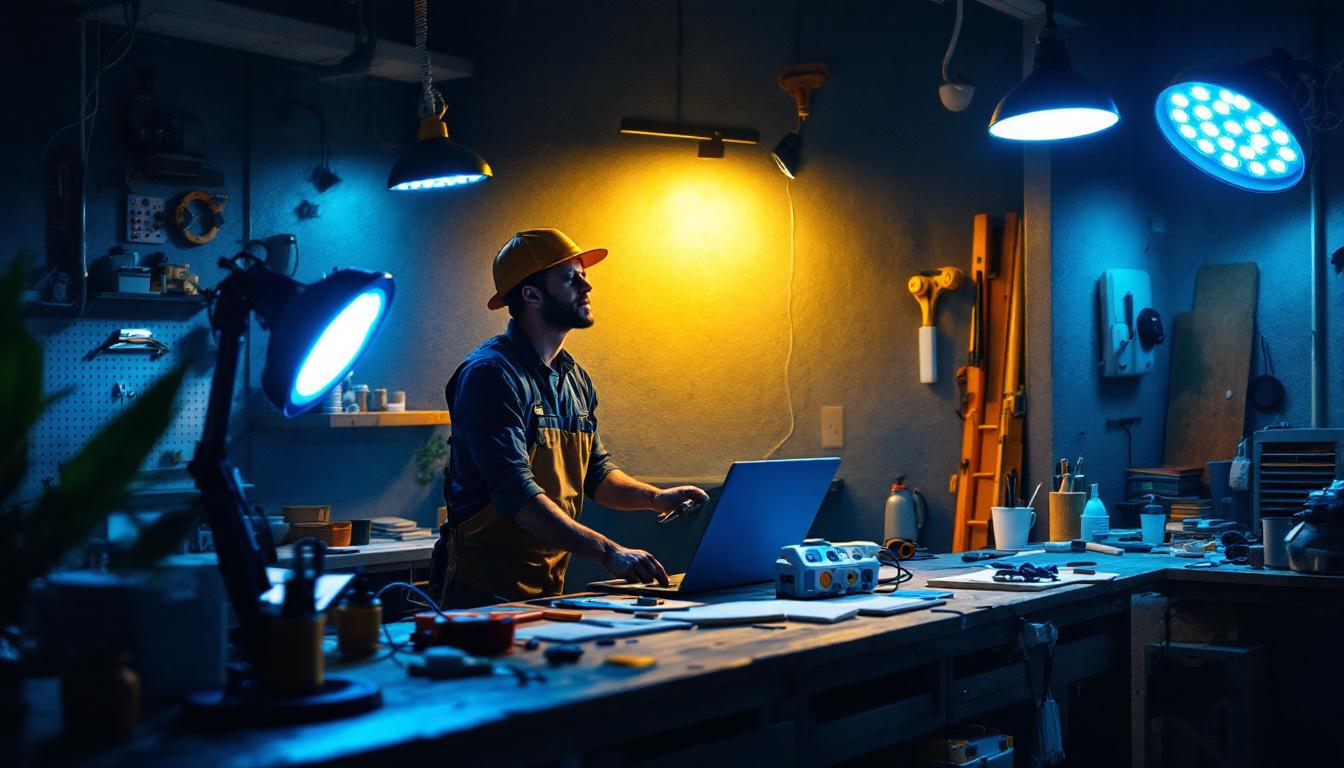 A photograph of a well-lit workspace featuring various led plug-in shop lights in use