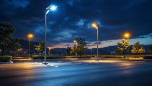 A photograph of a well-lit solar power parking lot at dusk