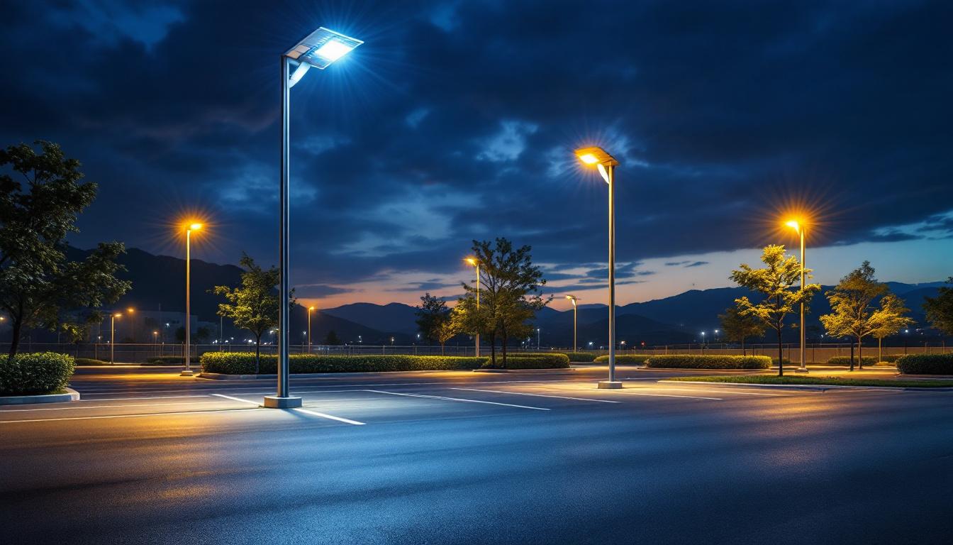 A photograph of a well-lit solar power parking lot at dusk