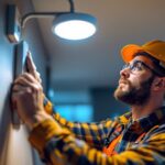 A photograph of a lighting contractor installing an interior motion sensor light fixture in a modern home setting