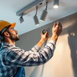 A photograph of a skilled lighting contractor installing a sleek