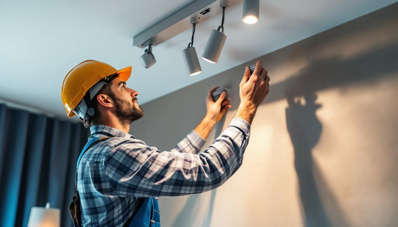 A photograph of a skilled lighting contractor installing a sleek