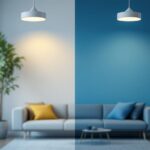 A photograph of a side-by-side comparison of 6-inch and 4-inch can lights installed in a stylish interior setting