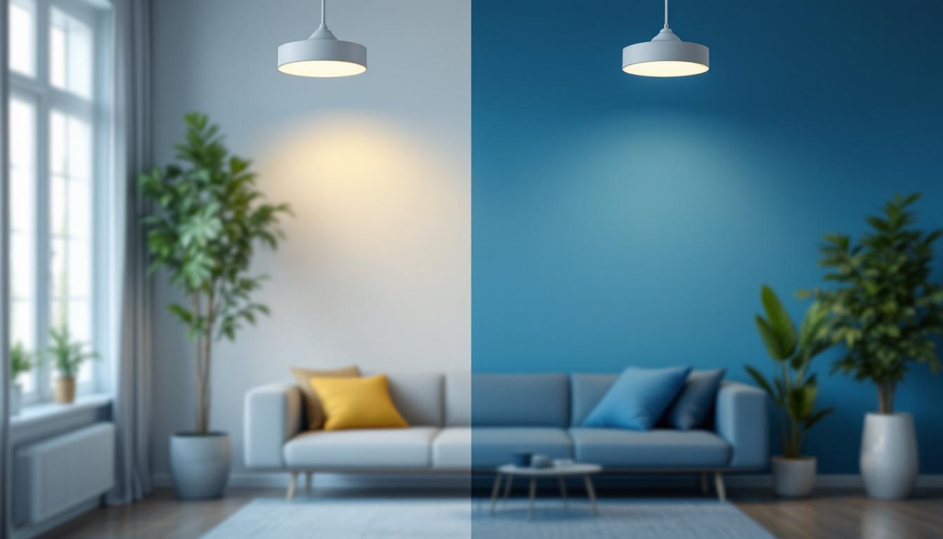 A photograph of a side-by-side comparison of 6-inch and 4-inch can lights installed in a stylish interior setting
