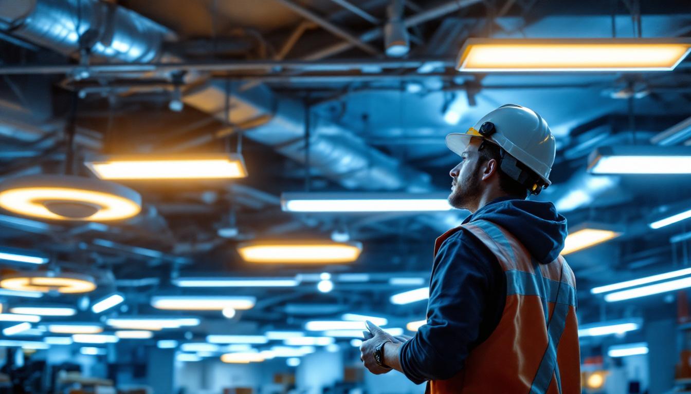 A photograph of a well-lit modern shop ceiling featuring sleek led lights in various configurations