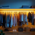 A photograph of a well-organized closet illuminated by energy-efficient lighting