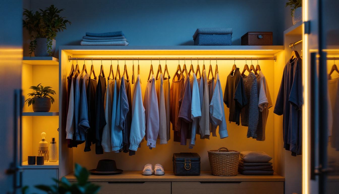 A photograph of a well-organized closet illuminated by energy-efficient lighting