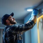 A photograph of a lighting contractor adjusting a recessed light fixture in a modern interior space