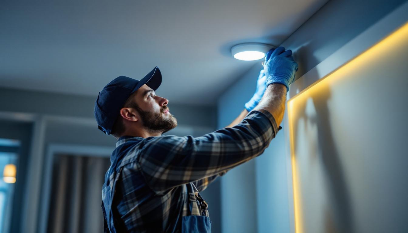 A photograph of a lighting contractor adjusting a recessed light fixture in a modern interior space