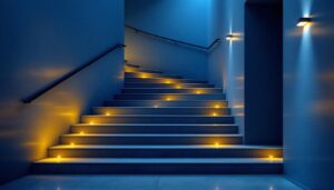 A photograph of a beautifully designed staircase illuminated by strategically placed led lights
