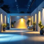 A photograph of a well-lit outdoor space showcasing various types of directional lighting installations