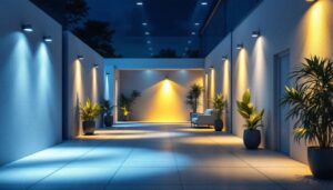 A photograph of a well-lit outdoor space showcasing various types of directional lighting installations