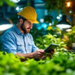 A photograph of a lighting contractor examining various growth lights in a well-lit indoor garden setting
