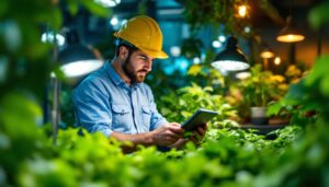 A photograph of a lighting contractor examining various growth lights in a well-lit indoor garden setting