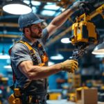 A photograph of a skilled lighting contractor installing hard-wired shop lights in a well-lit workspace