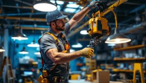 A photograph of a skilled lighting contractor installing hard-wired shop lights in a well-lit workspace