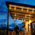 A photograph of a beautifully illuminated outdoor canopy at dusk
