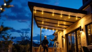 A photograph of a beautifully illuminated outdoor canopy at dusk