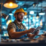 A photograph of a skilled lighting contractor at work