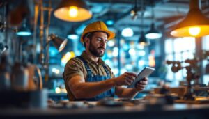 A photograph of a skilled lighting contractor at work