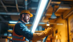 A photograph of a lighting contractor skillfully installing a long light bar in a commercial space
