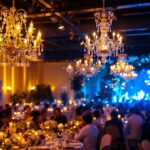 A photograph of a beautifully lit wedding reception scene