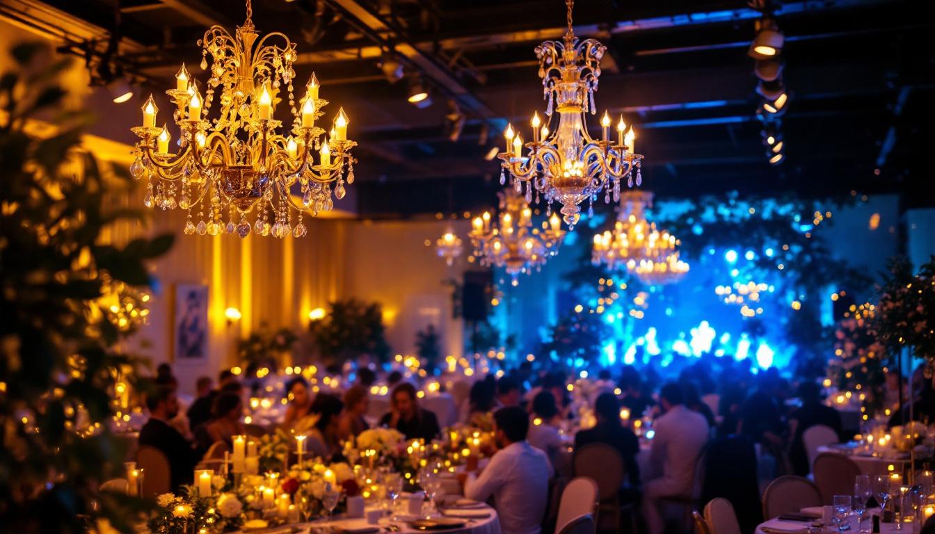 A photograph of a beautifully lit wedding reception scene