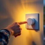 A photograph of a lighting contractor adjusting a modern dimmer switch while showcasing the transformation of ambient lighting in a beautifully designed room