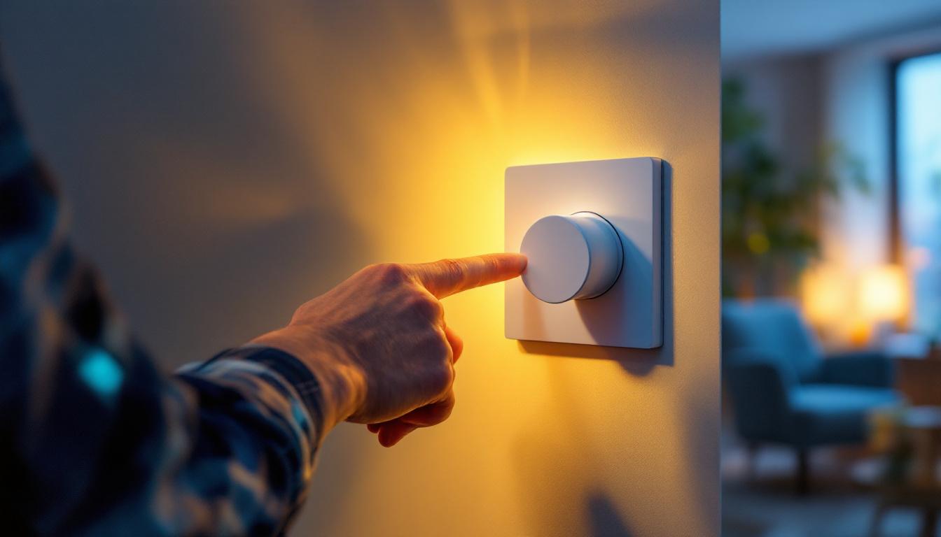 A photograph of a lighting contractor adjusting a modern dimmer switch while showcasing the transformation of ambient lighting in a beautifully designed room