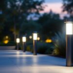 A photograph of a beautifully lit outdoor space featuring various styles of lighting bollards in use