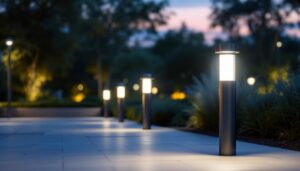 A photograph of a beautifully lit outdoor space featuring various styles of lighting bollards in use