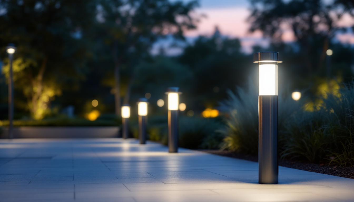 A photograph of a beautifully lit outdoor space featuring various styles of lighting bollards in use