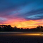 A photograph of a well-lit horse riding arena during twilight