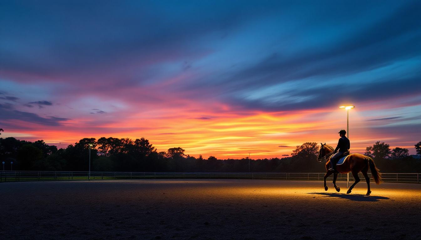 A photograph of a well-lit horse riding arena during twilight