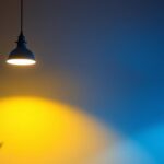 A photograph of a well-lit office space showcasing various lighting fixtures and their effects