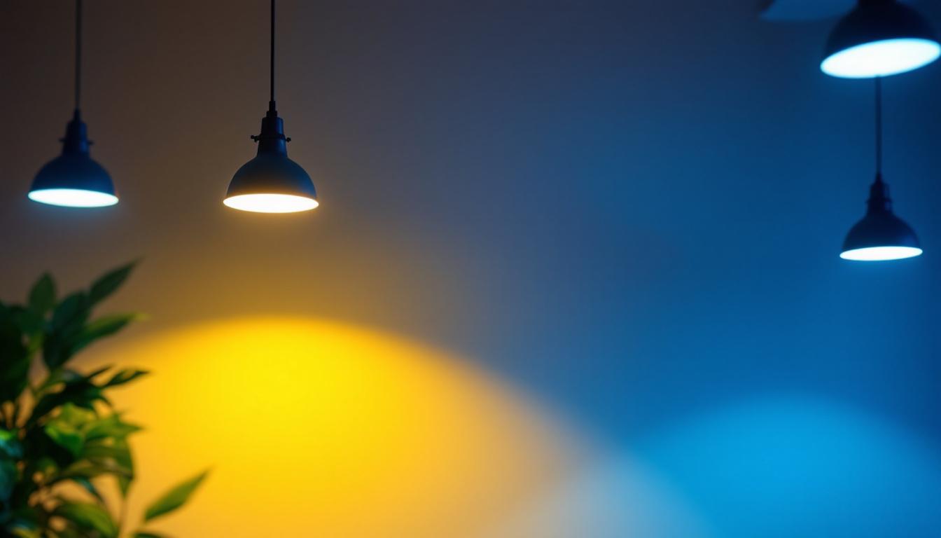 A photograph of a well-lit office space showcasing various lighting fixtures and their effects