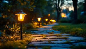 A photograph of a beautifully illuminated pathway featuring stylish pathway lights in a serene outdoor setting