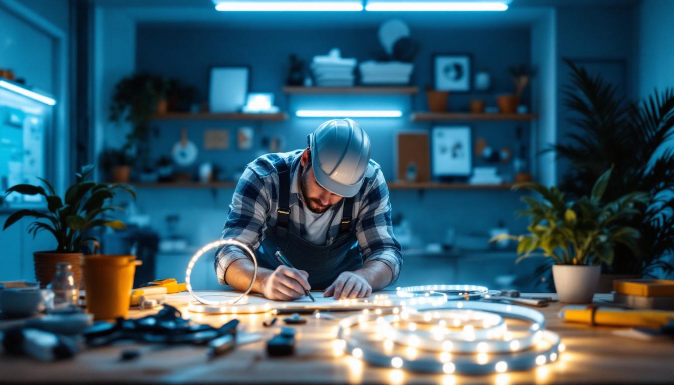 A photograph of a well-lit workspace featuring various high-lumen led strip lights in action
