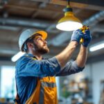 A photograph of a lighting contractor meticulously installing a fixture bracket in a well-lit