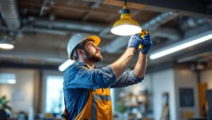 A photograph of a lighting contractor meticulously installing a fixture bracket in a well-lit