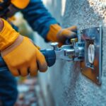 A photograph of a skilled lighting contractor installing a metal outlet cover outdoors