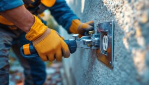 A photograph of a skilled lighting contractor installing a metal outlet cover outdoors